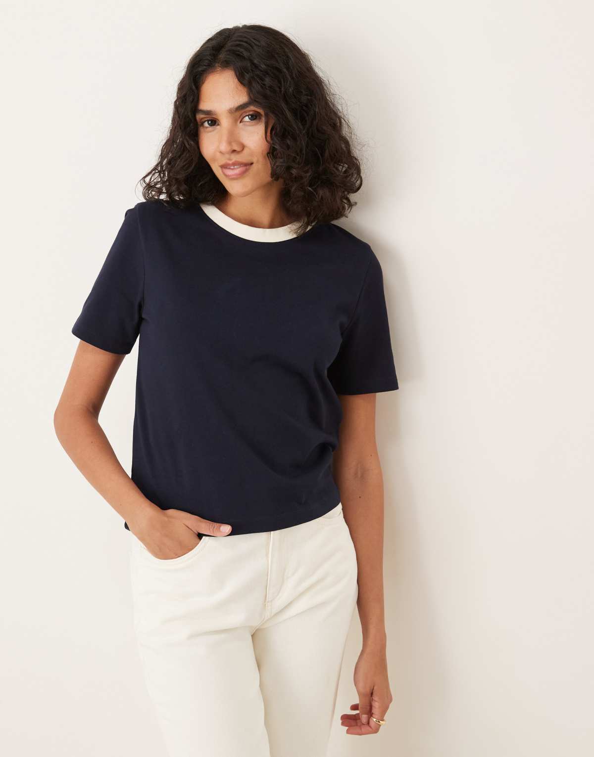Mango cotton t-shirt in navy with cream neckline