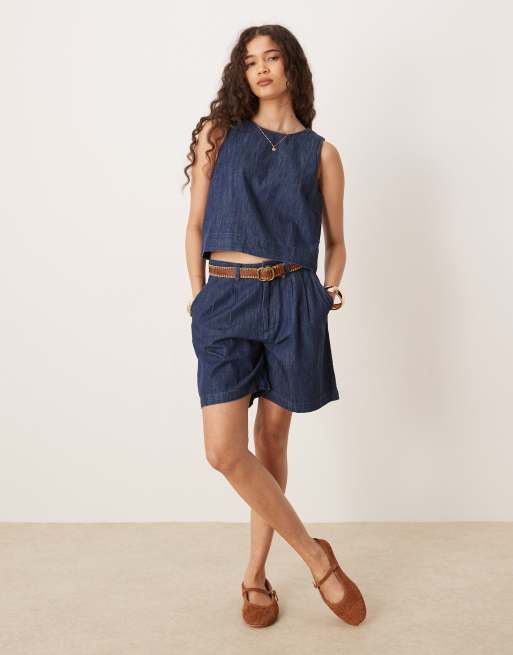 Mango cotton tailored longline denim short with dart detailing in indigo