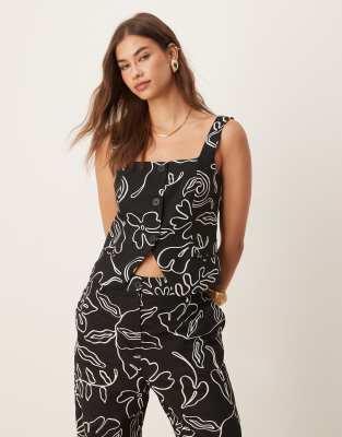 Mango Cotton Tailored Square Neck Top In Black