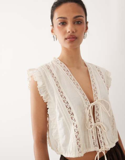 Mango cotton tie front frill detailing blouse in cream - view 1