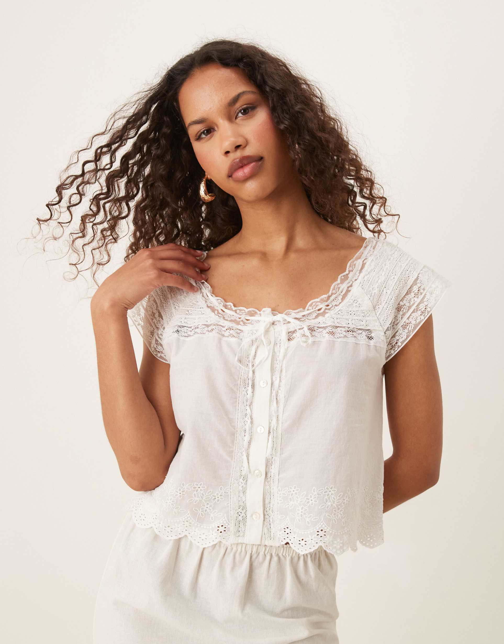 mango cotton tie front lace detail blouse in cream