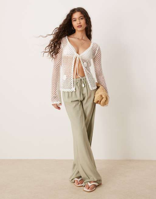 Mango cotton tie front long sleeve crochet cardigan with rose details in white, 2 of 4