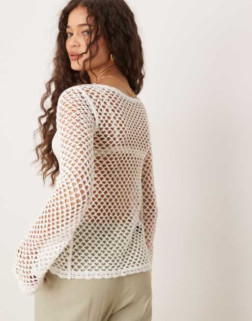 Mango cotton tie front long sleeve crochet cardigan with rose details in white, 4 of 4