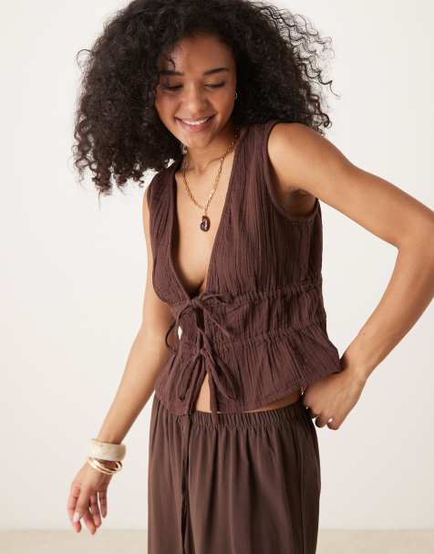 Mango cotton tie front sleeveless top in brown - view 1