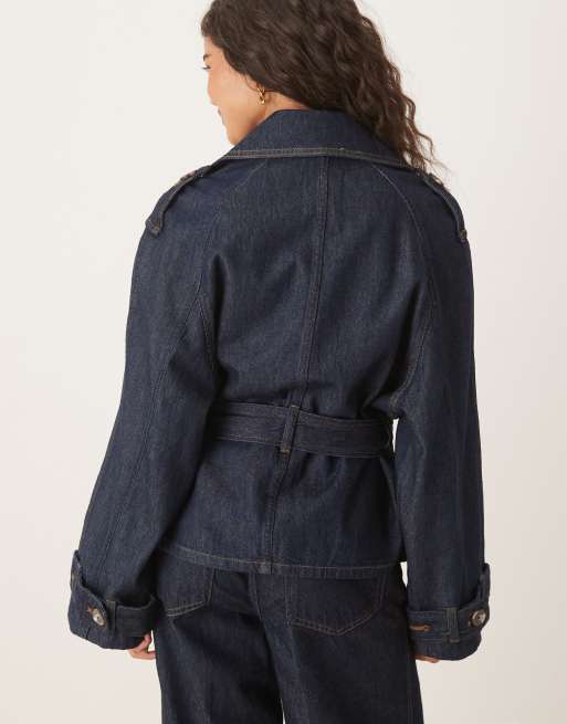 Mango cotton tie waist cropped denim jacket co-ord in dark blue, 2 of 4