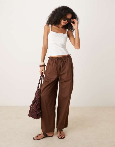 Mango cotton tie waist pants in brown - view 1