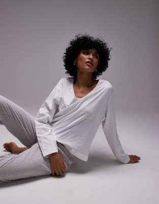 Mango Cotton V Neck Long Sleeve Top And Seersucker Pants Pajama Set In Brown