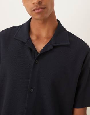 Mango Cotton Waffle Short Sleeve Shirt In Navy