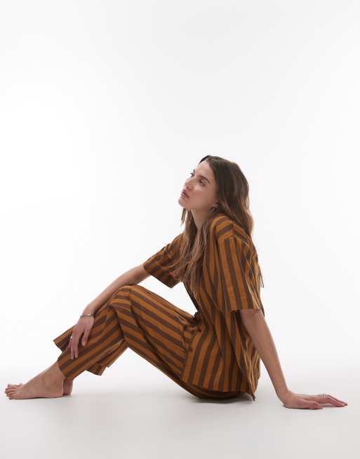 Mango cotton wide leg pajama set in brown tonal stripe
