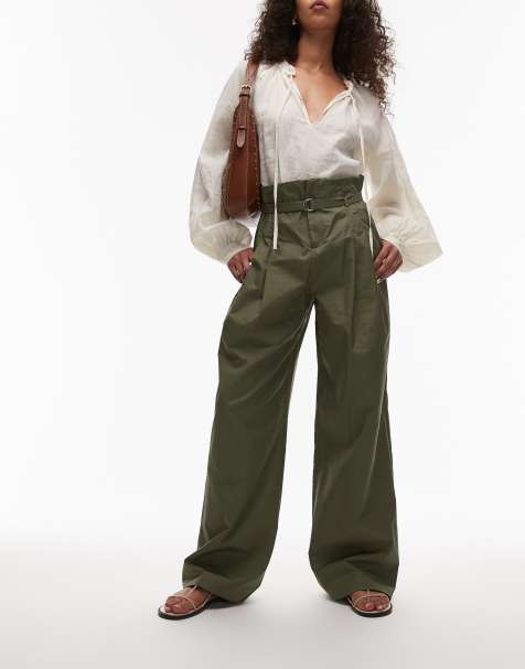 Mango cotton wide leg pleat front trouser with belted waist in khaki