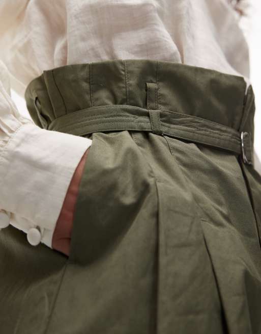 Mango cotton wide leg pleat front trouser with belted waist in khaki, 3 of 5