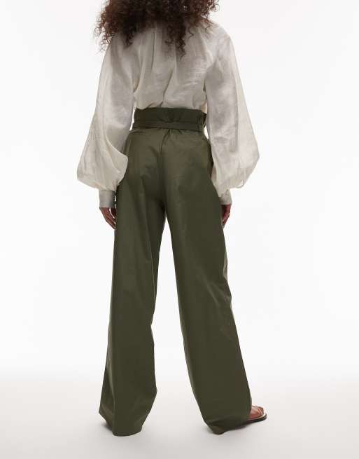 Mango cotton wide leg pleat front trouser with belted waist in khaki, 4 of 5