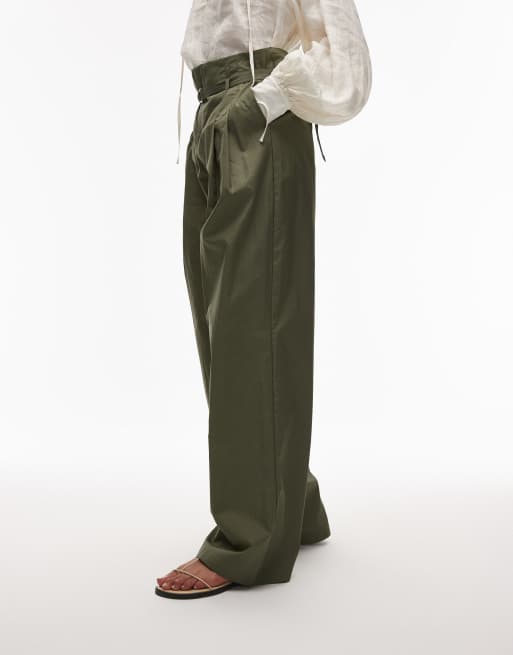 Mango cotton wide leg pleated front pants with belted waist in khaki green