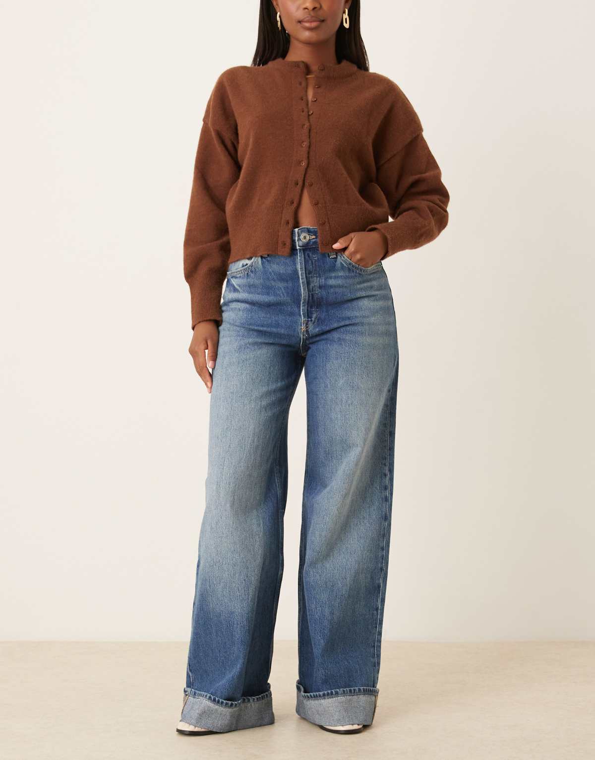 Mango cotton wide leg turn up jean in medium blue