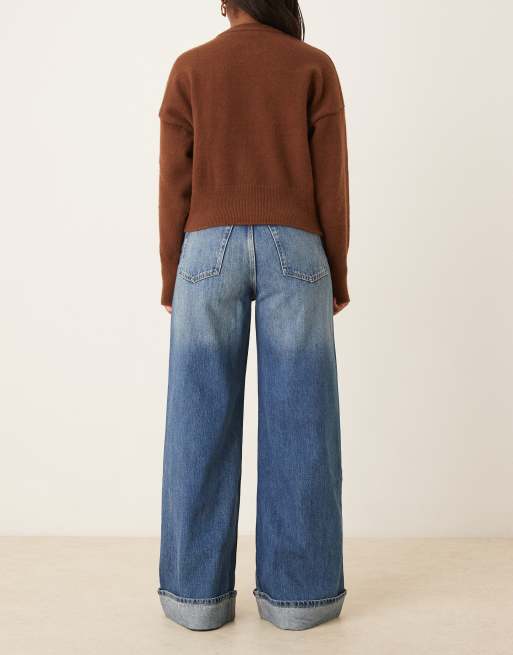 Mango - Jean large en coton avec revers retroussés - Bleu moyen