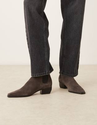 Mango - Cowboy-Stiefeletten aus Wildleder in Grau mit eckiger Zehenpartie und niedrigem Absatz