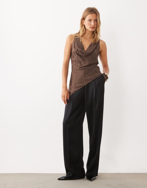 Mango cowl neck asymmetric hem sleeveless top in brown, 3 of 4