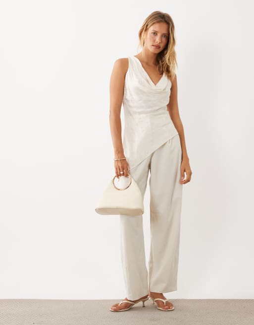 Mango cowl neck asymmetric hem sleeveless top in ecru, 3 of 4