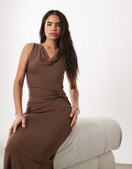 Mango cowl neck belted waist sleeveless midi dress in brown, 2 of 4