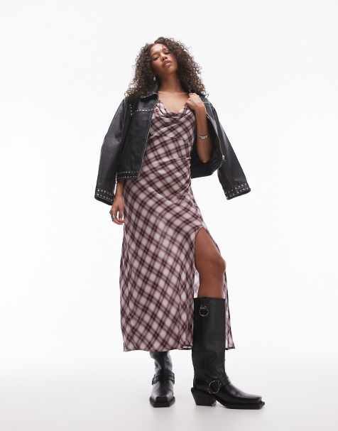 Mango cowl neck check print midi dress in red - view 1