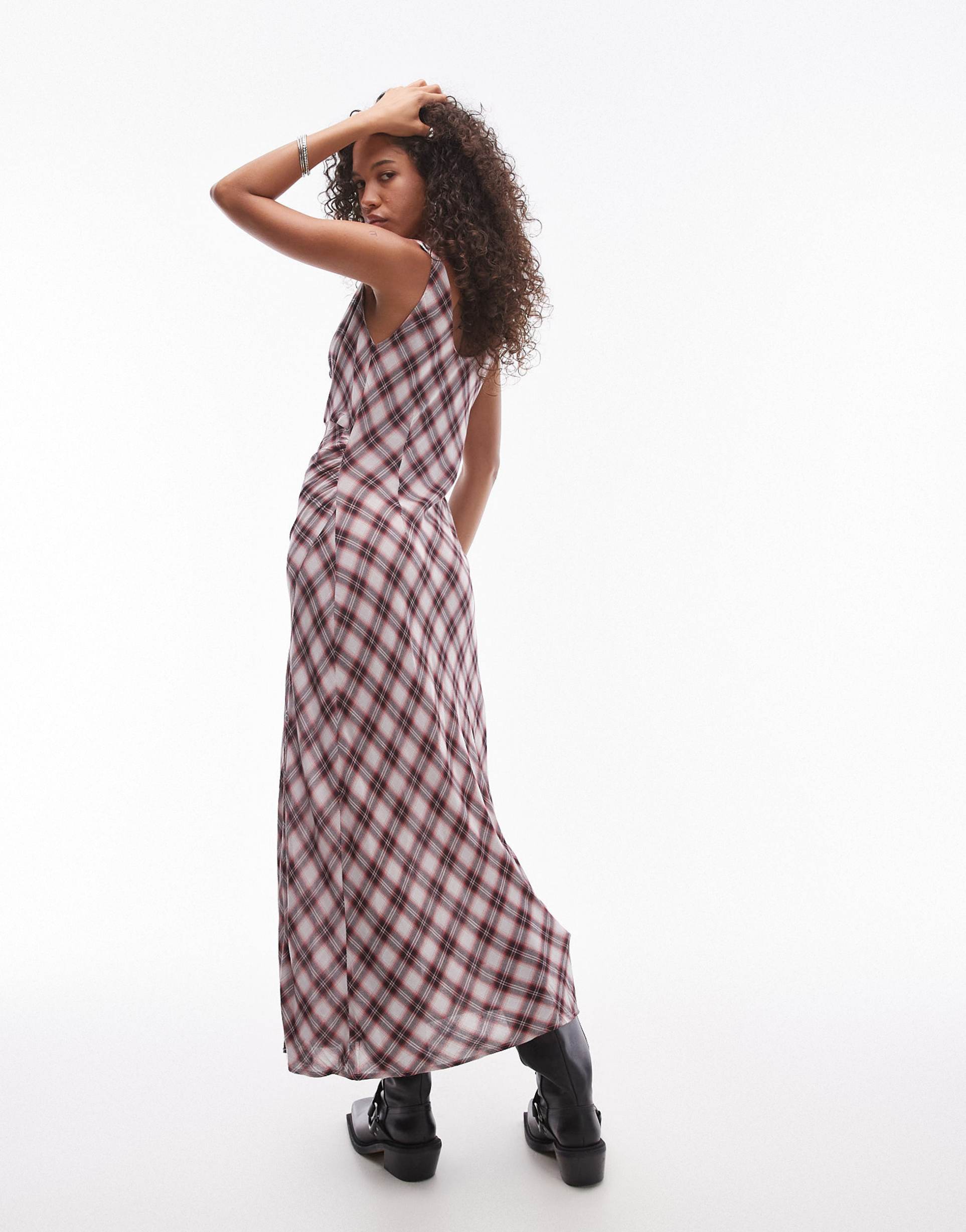 mango cowl neck check print midi dress in red