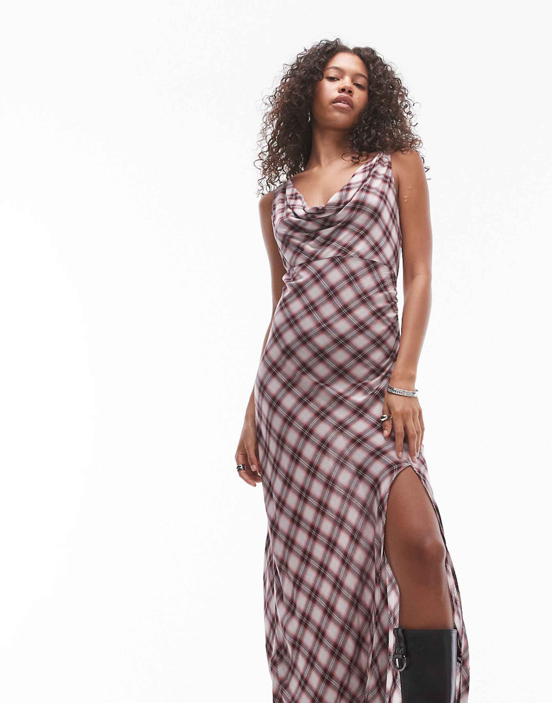 mango cowl neck check print midi dress in red