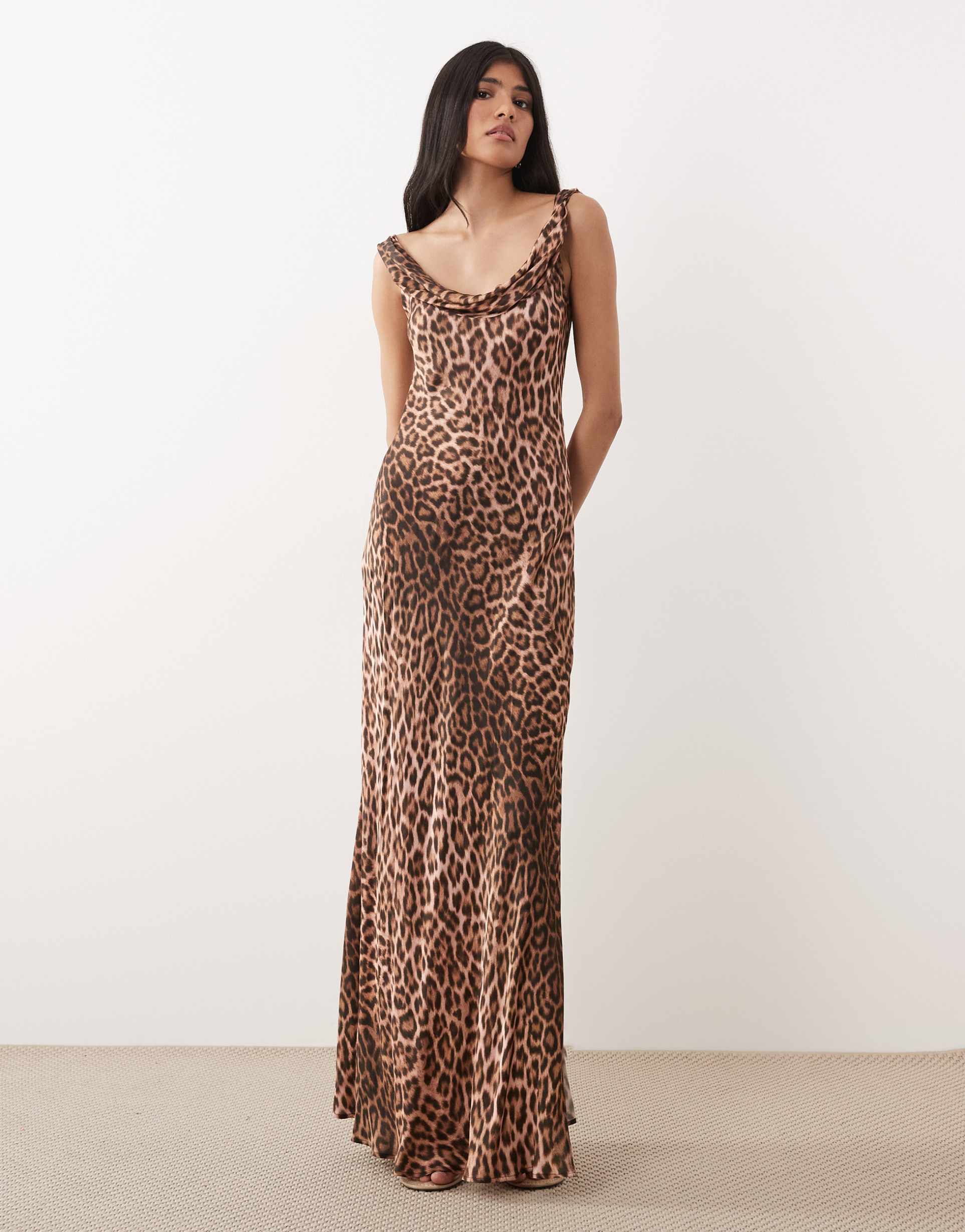 mango cowl neck chiffon sleeveless maxi dress in leopard print