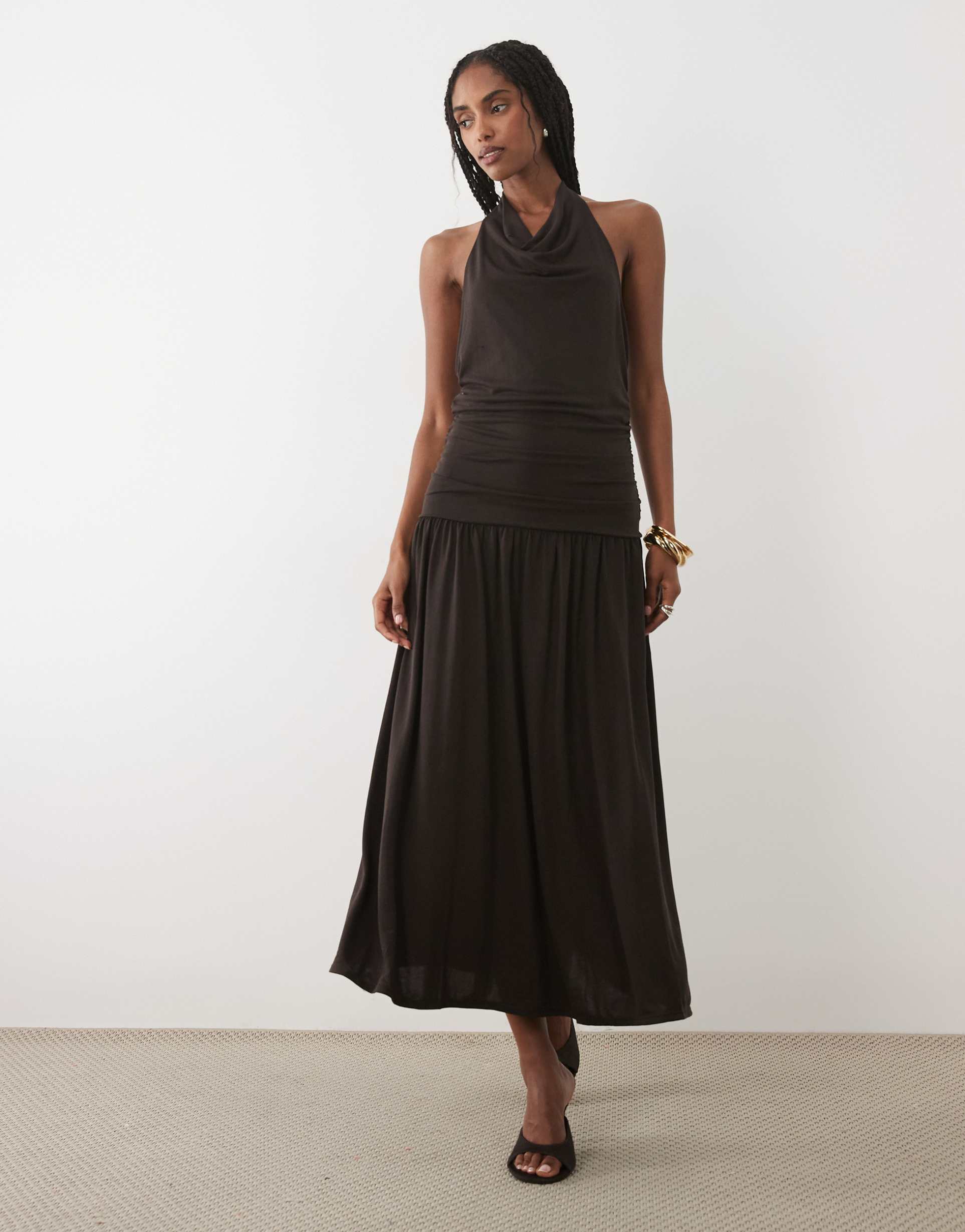 mango cowl neck halterneck drop waist maxi dress in brown
