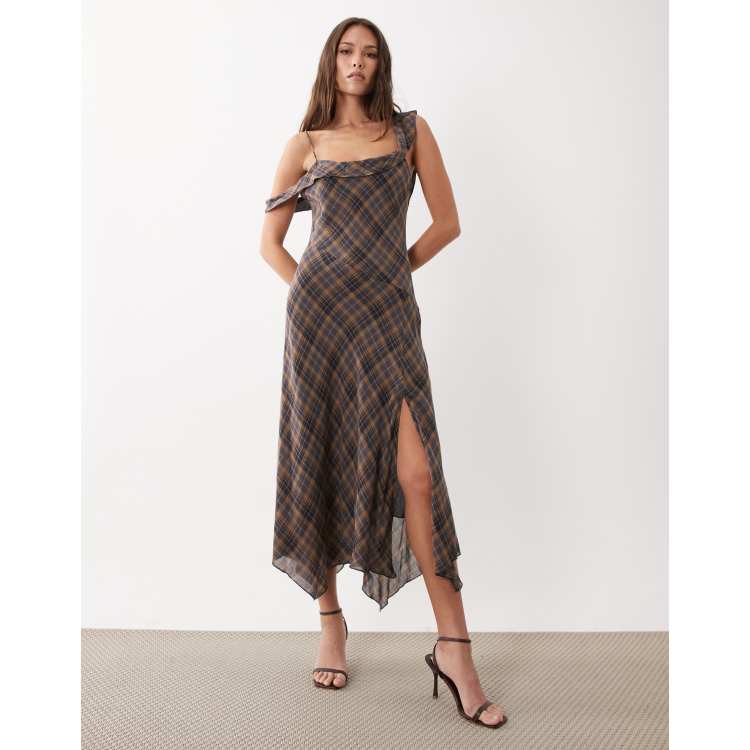 brown check cowl neck midi dress Mango hanky hem maxi in Color:Blushing Pink