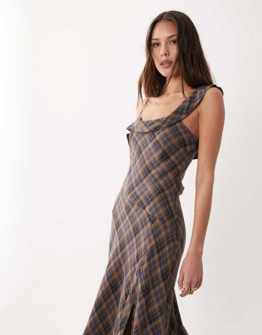 Mango cowl neck hanky hem maxi dress in brown check, 2 of 4