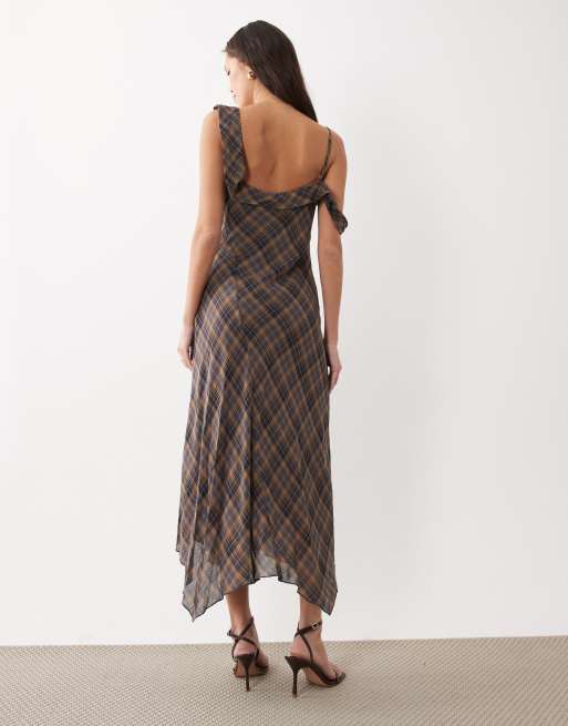 Mango cowl neck hanky hem maxi dress in brown check, 4 of 4