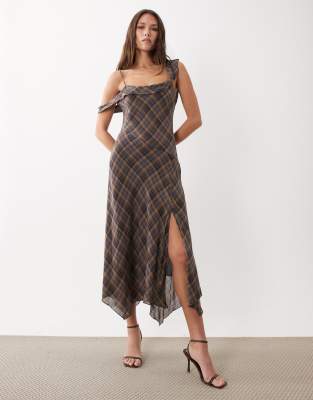 Mango cowl neck hanky hem maxi dress in brown plaid