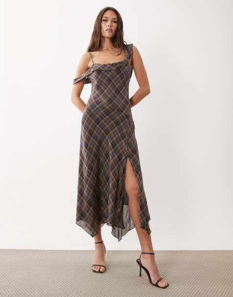 Mango cowl neck hanky hem maxi dress in brown plaid - view 1