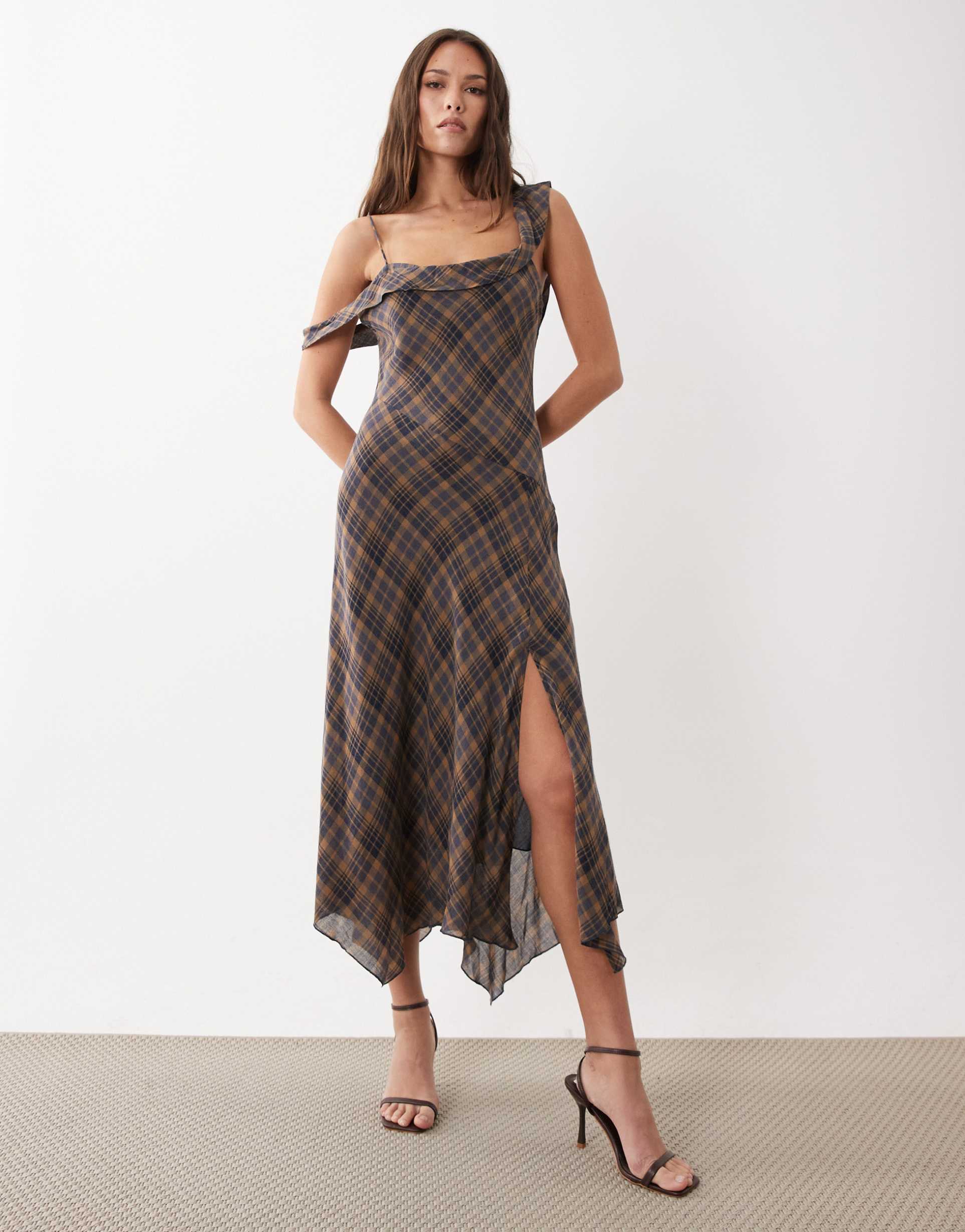 mango cowl neck hanky hem maxi dress in brown plaid