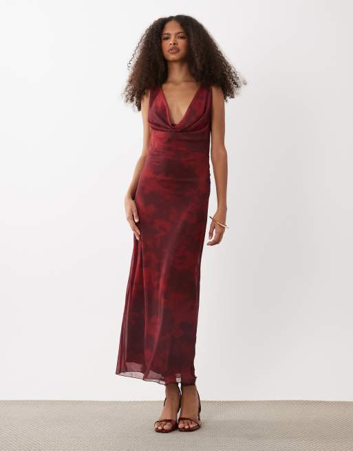 Mango cowl neck mesh maxi dress in red floral print, 2 of 4