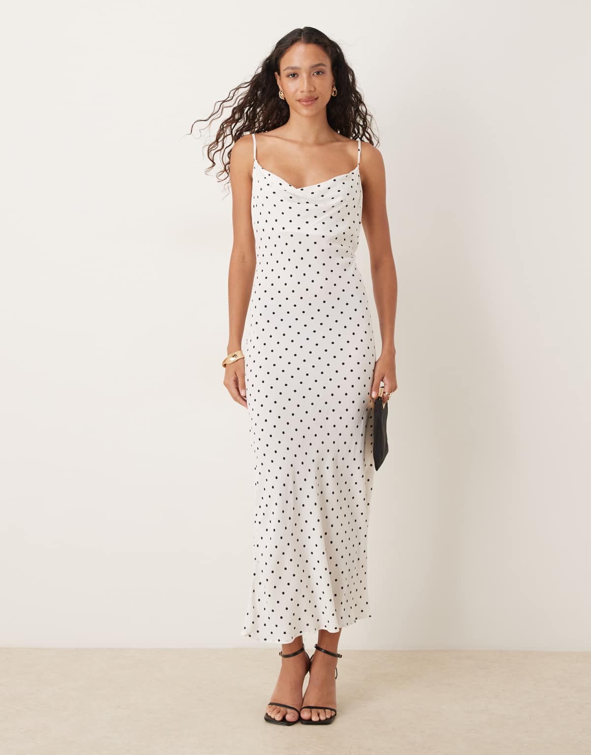 Mango cowl neck midi dress in black and white polka dot