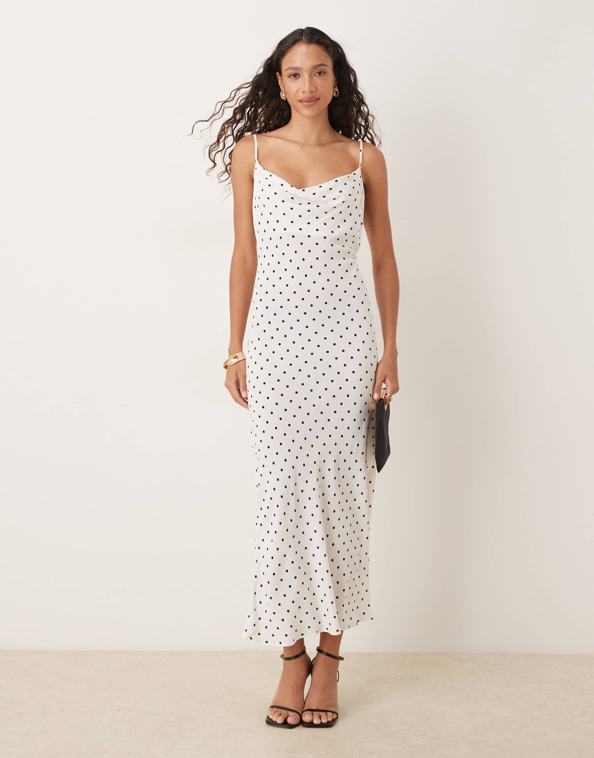 mango cowl neck midi dress in black and white polka dots