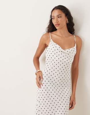 Mango cowl neck midi dress in black and white polka dots | ASOS