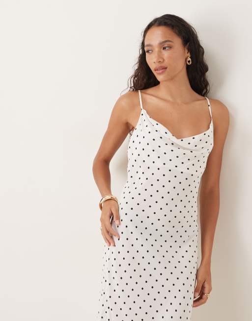 Mango cowl neck midi dress in black and white polka dots | ASOS