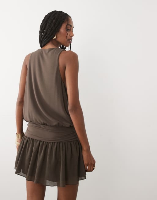 Mango cowl neck mini dress with flippy skirt in brown, 4 of 4