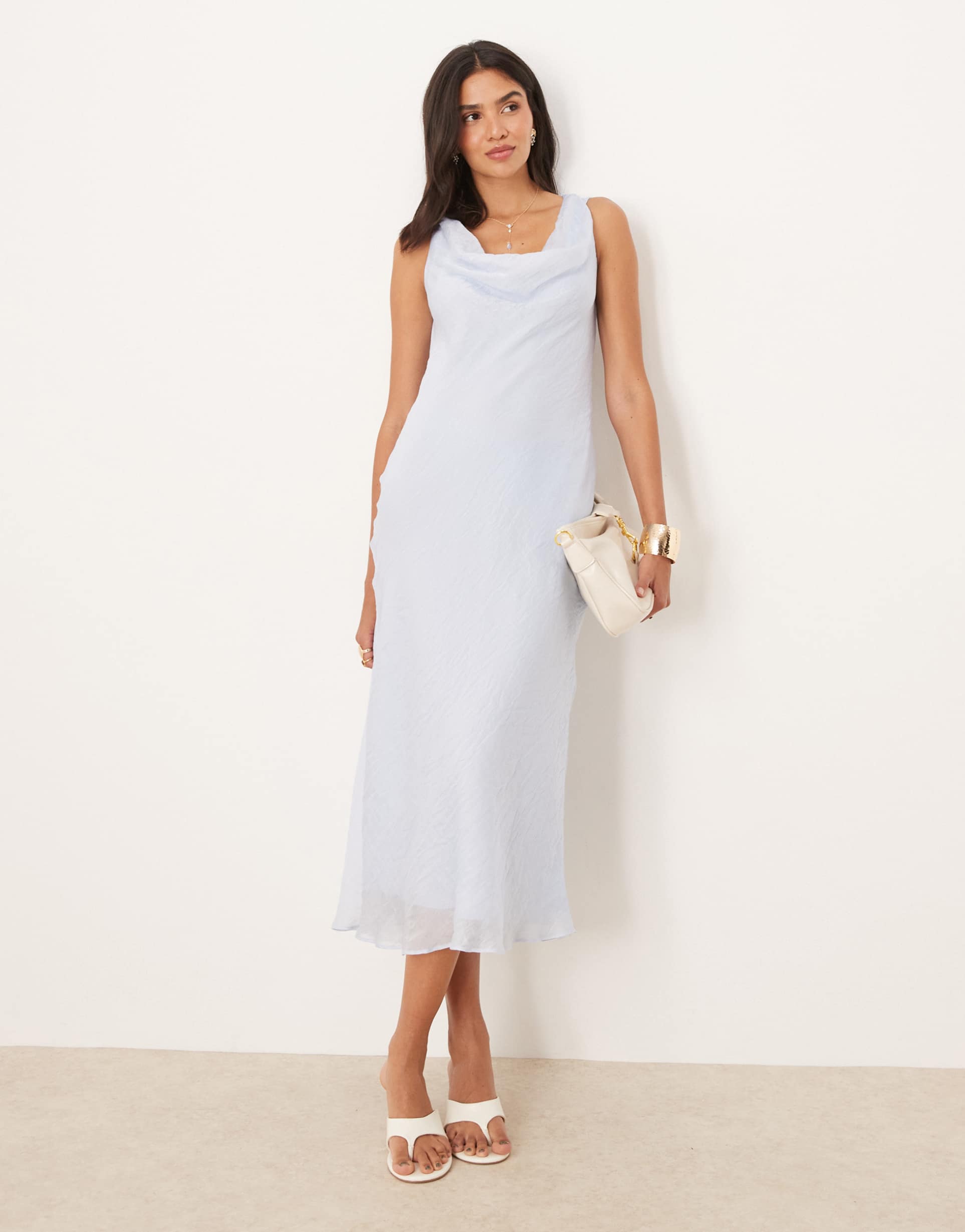 mango cowl neck open back maxi dress in pale blue