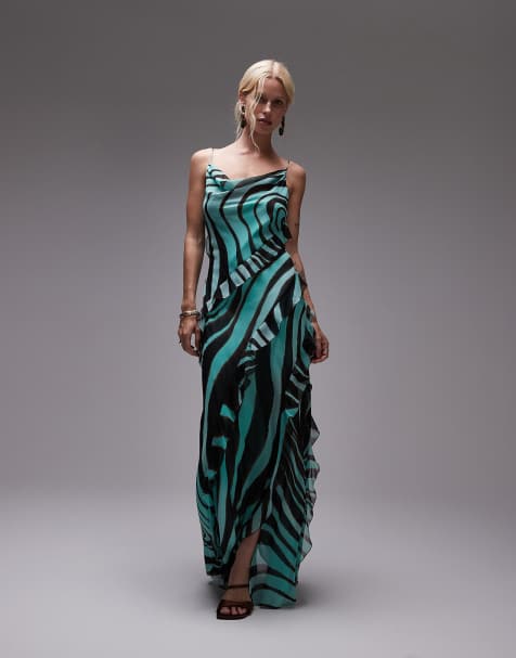 Mango cowl neck ruffle trim zebra print maxi dress in turqouise - view 1