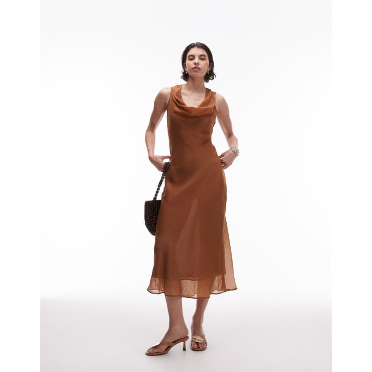 mango scoop neck satin dress with fringed hem in brown Satin dress with fringed bandana