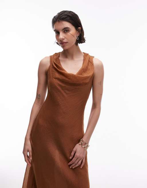 Mango cowl neck satin midi dress in brown