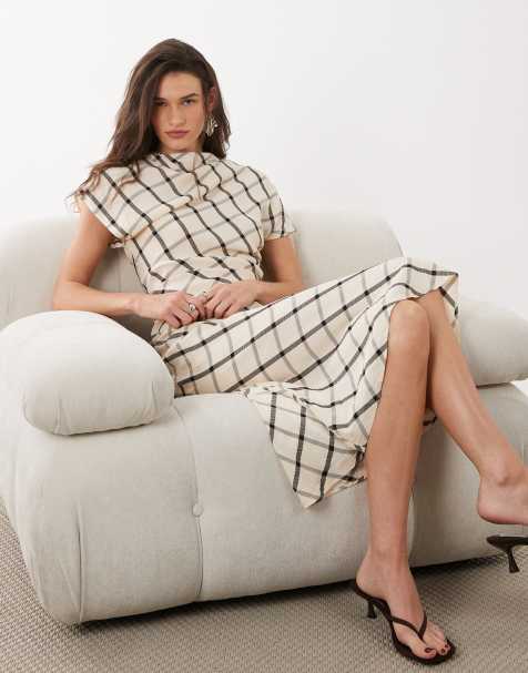 Mango cowl neck short sleeve midaxi dress in beige and black plaid - view 1