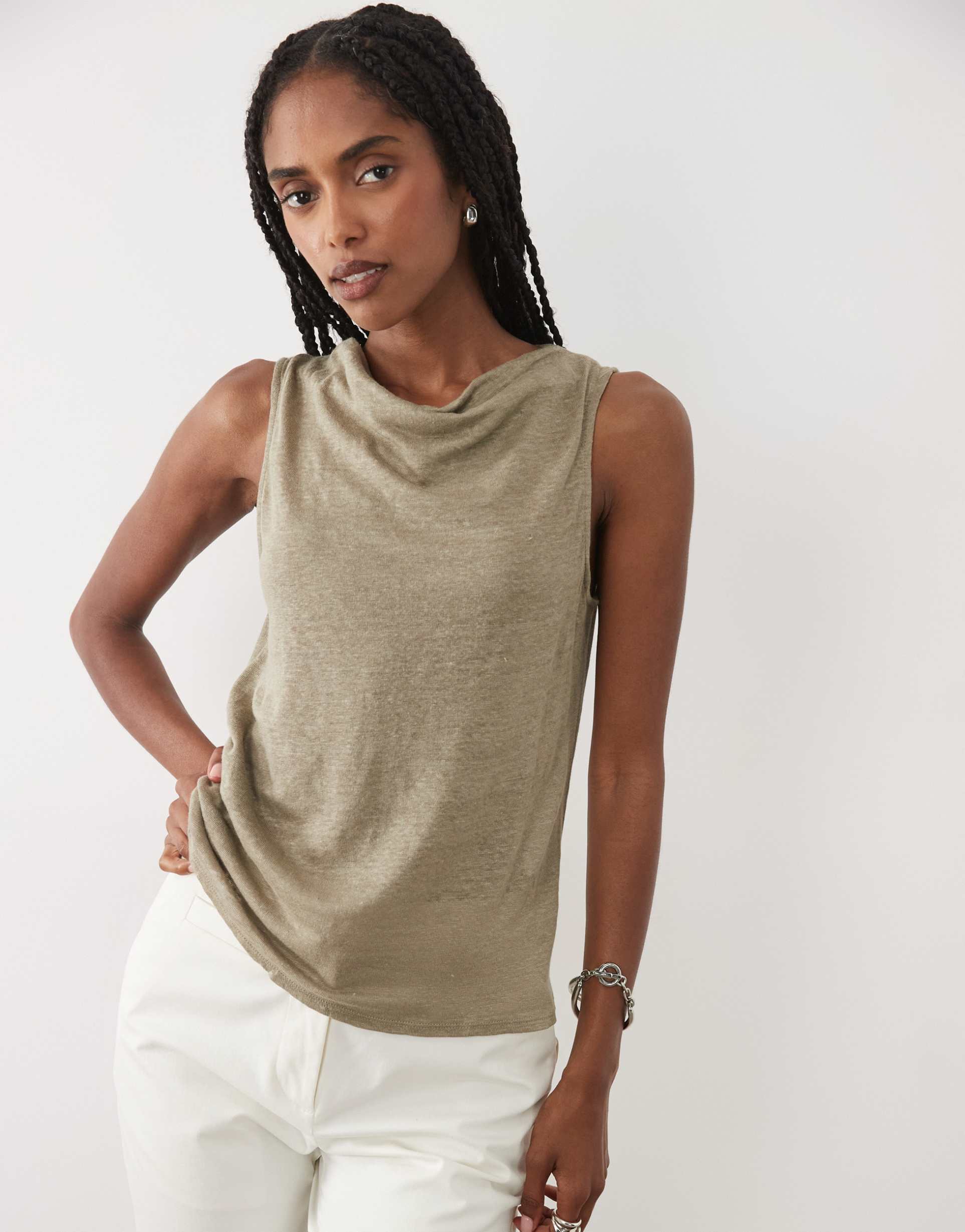 mango cowl neck sleeveless top in beige
