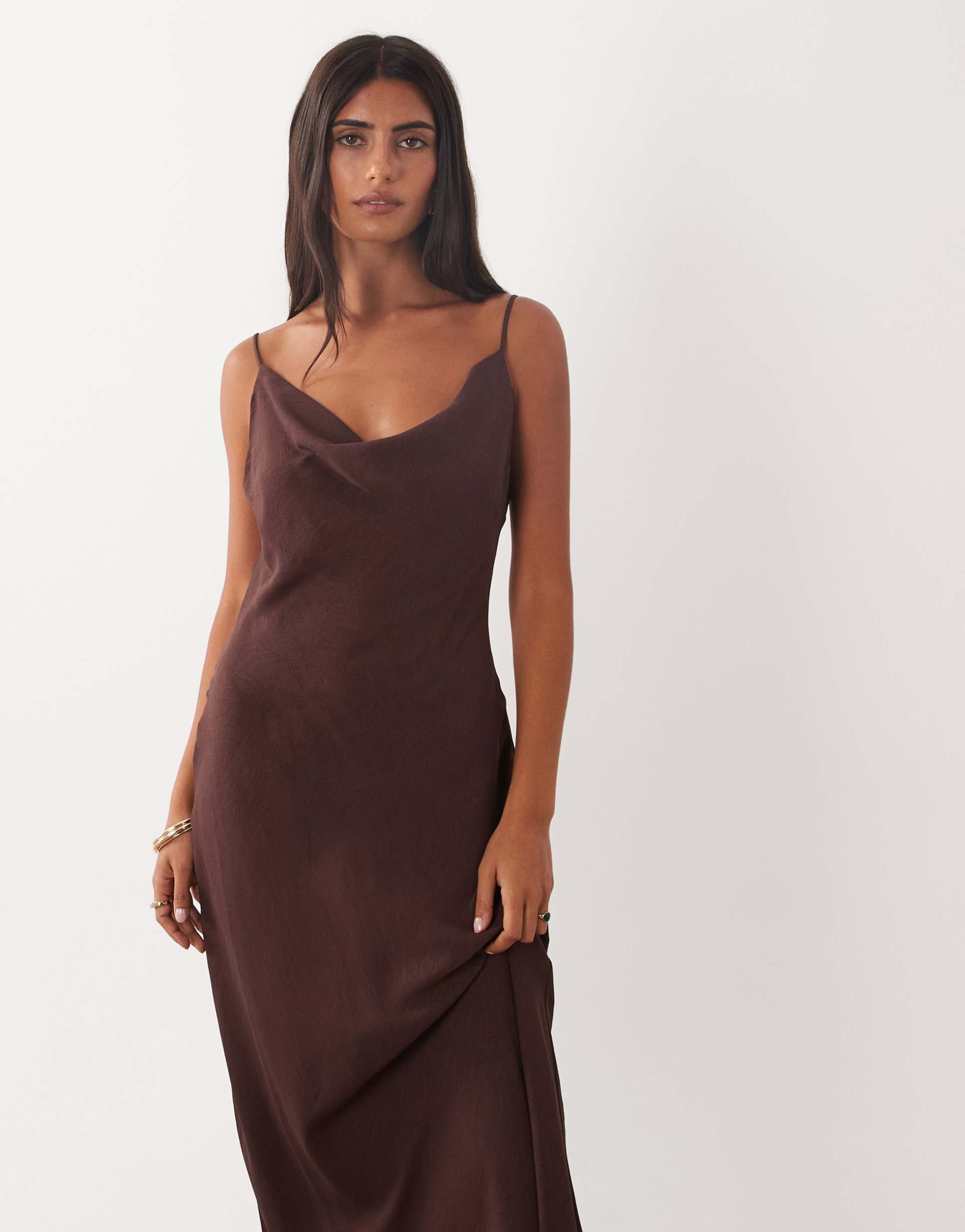 mango cowl neck strappy satin midaxi dress in brown
