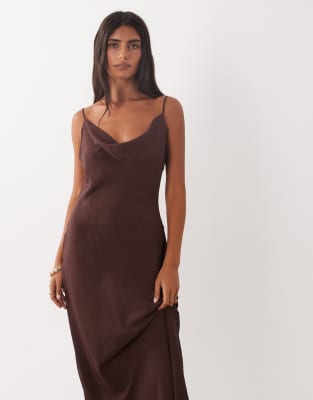 Mango Cowl Neck Strappy Satin Midi Dress In Brown