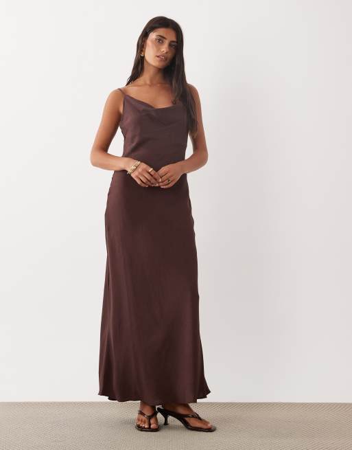 Mango cowl neck strappy satin midi dress in brown, 2 of 4