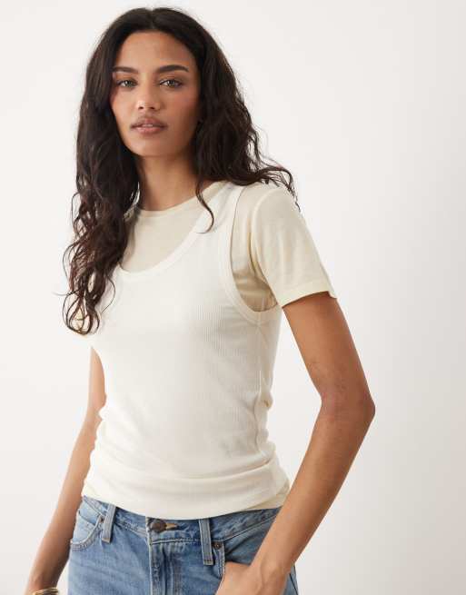 Mango - Cremefarvet T-shirt i bomuldsblanding i to lag, 3 af 4